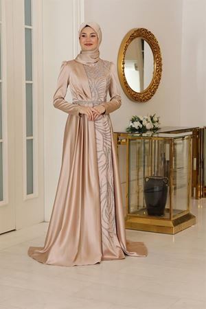 Mihrimah Boncuk Baskılı Pelerin Detaylı Saten Tesettür Abiye Gold