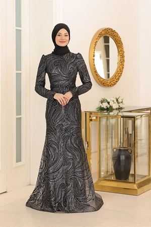 Irmak Griter Baskılı  Tesettür Abiye Siyah