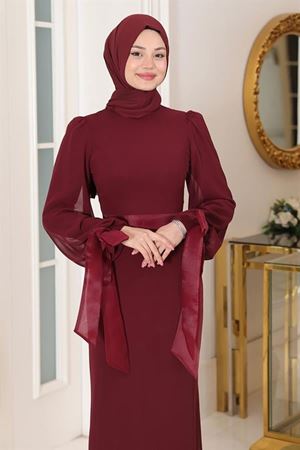 Firuze Şifon Fiyonklu Kemerli Tesettür Abiye Bordo
