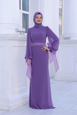 Firuze Şifon Fiyonklu Kemerli Tesettür Abiye Lavanta