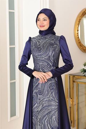 Miray Griter Baskılı Pelerin Detaylı Saten Tesettür Abiye Lacivert