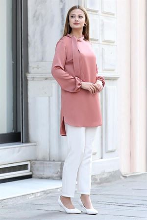 Trend Double Krep Kumaş Tunik - Mercan