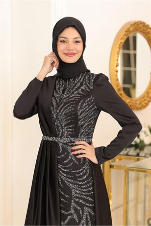 Mihrimah Boncuk Baskılı Pelerin Detaylı Saten Tesettür Abiye Siyah