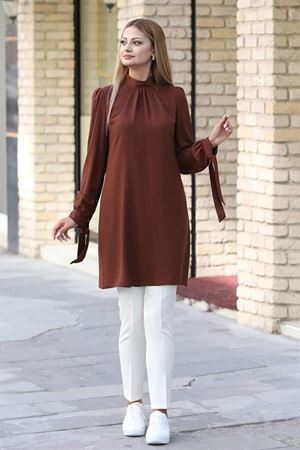 Esila Double Krep Kumaş Tunik - Kahverengi