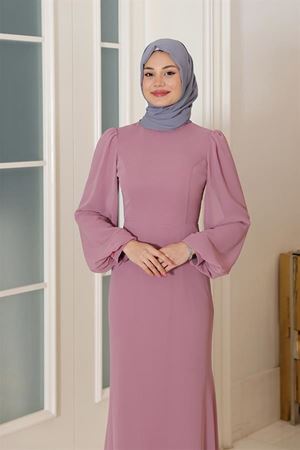 Firuze Şifon Fiyonklu Kemerli Tesettür Abiye Pudra