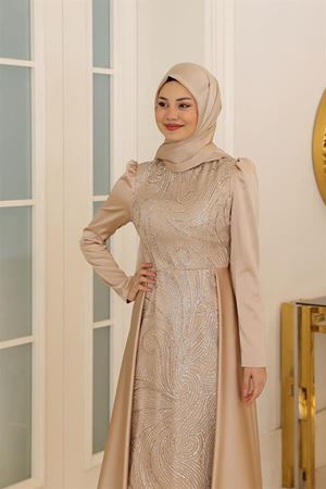 Miray Griter Baskılı Pelerin Detaylı Saten Tesettür Abiye Gold