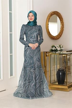 Irmak Griter Baskılı  Tesettür Abiye Zümrüt Yeşilli