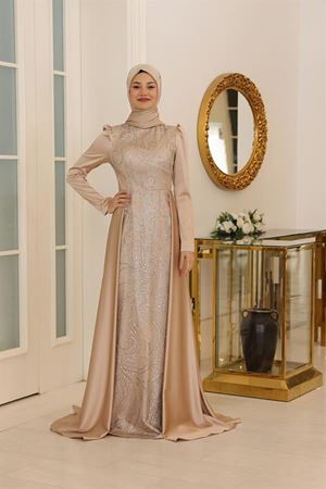 Miray Griter Baskılı Pelerin Detaylı Saten Tesettür Abiye Gold