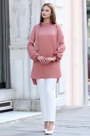 Trend Double Krep Kumaş Tunik - Mercan