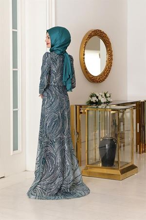 Irmak Griter Baskılı  Tesettür Abiye Zümrüt Yeşilli