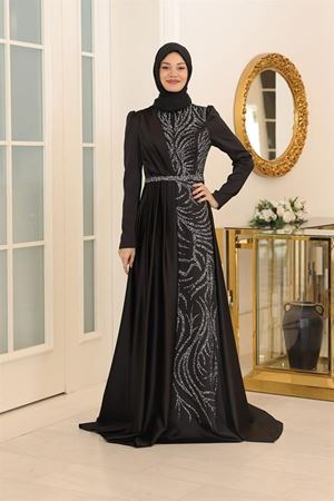 Mihrimah Boncuk Baskılı Pelerin Detaylı Saten Tesettür Abiye Siyah