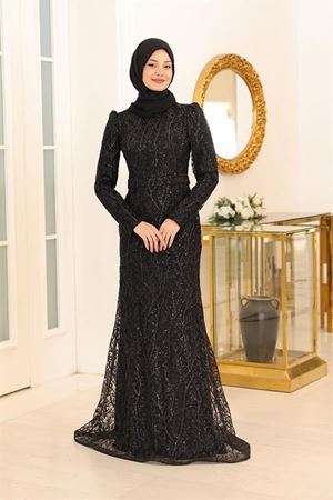 Tuanna  Dal Desenli Griter Tesettür Abiye Siyah