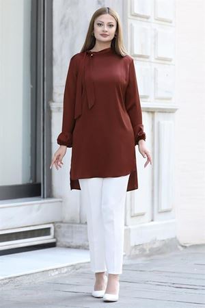Trend Double Krep Kumaş Tunik - Kahverengi