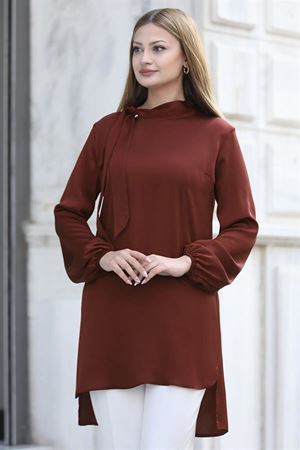 Trend Double Krep Kumaş Tunik - Kahverengi