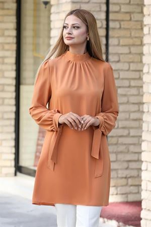 Esila Double Krep Kumaş Tunik - Camel