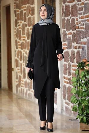 Nisa Fırfırlı Medine İpliği Kumaş İkili Takım Siyah