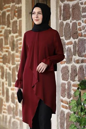 Nisa Fırfırlı Medine İpliği Kumaş İkili Takım Bordo