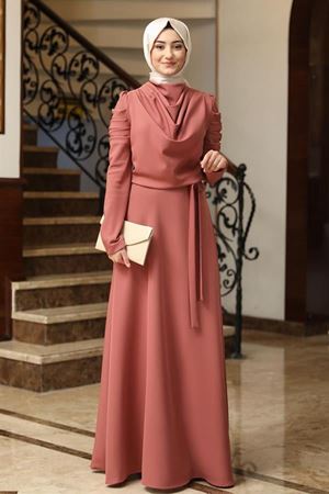 Kardelen Kuşaklı Şal Yaka Krep Kumaş Abiye - Gül Kurusu