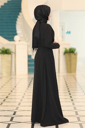 Taş Baskı Detaylı Pelerin Kuyruklu Krep Adel Abiye Elbise - Siyah