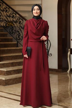 Kardelen Kuşaklı Şal Yaka Krep Kumaş Abiye - Bordo