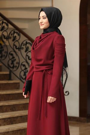 Kardelen Kuşaklı Şal Yaka Krep Kumaş Abiye - Bordo