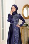 Mihrimah Boncuk Baskılı Pelerin Detaylı Saten Tesettür Abiye Lacivert